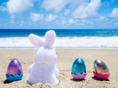 Plush bunny and colorful eggs on the beach.