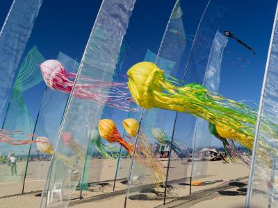 Colorful jellyfish float in the blue sky above a sandy beach.