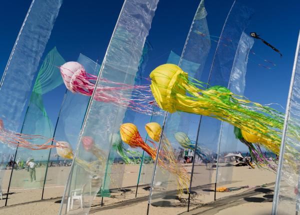 Colorful jellyfish float in the blue sky above a sandy beach.
