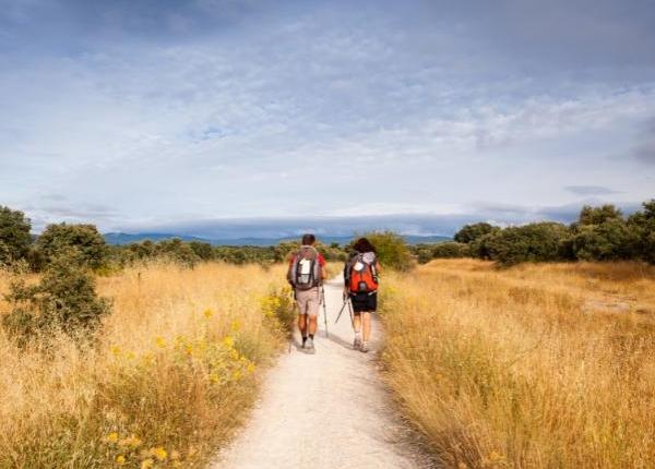 Due escursionisti camminano su un sentiero tra campi dorati sotto un cielo azzurro.